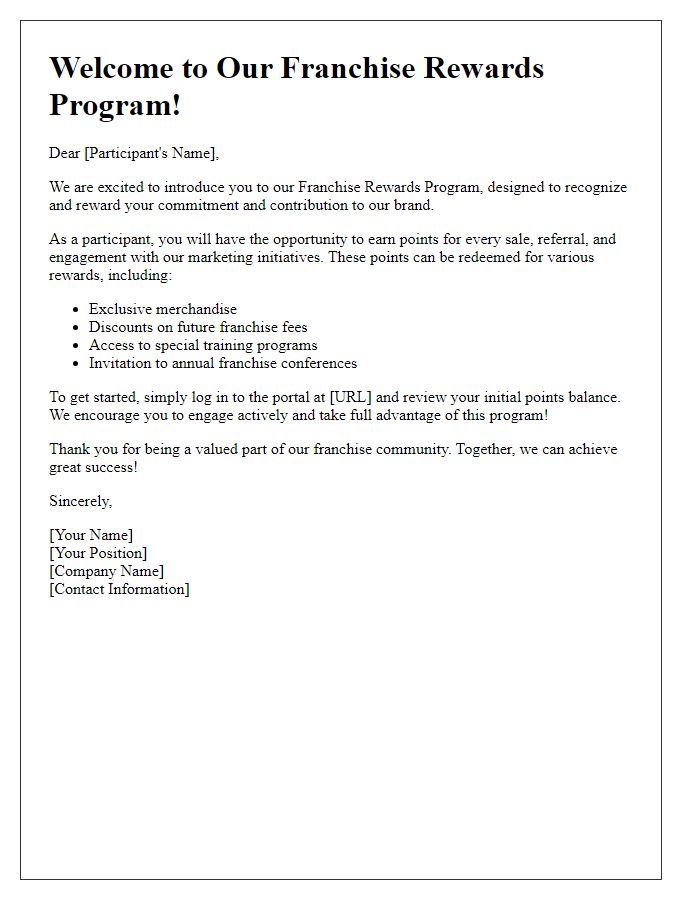 Letter template of franchise rewards program introduction for participants