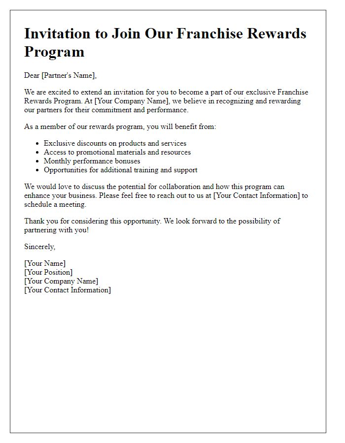 Letter template of franchise rewards program invitation for potential partners