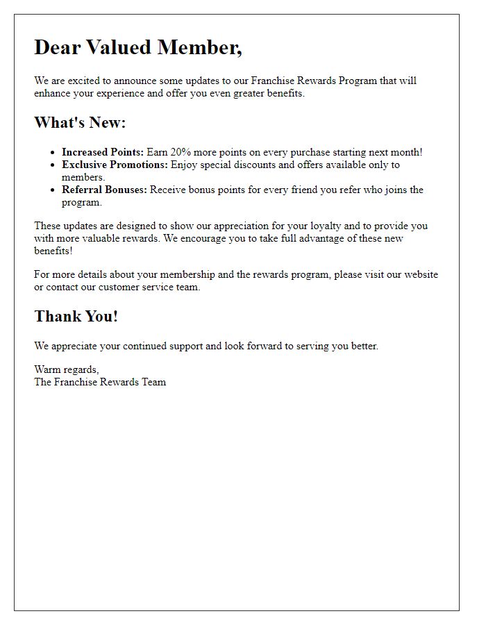 Letter template of franchise rewards program update for existing members