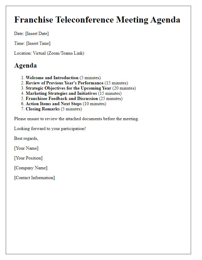 Letter template of franchise teleconference meeting agenda for annual strategy planning.