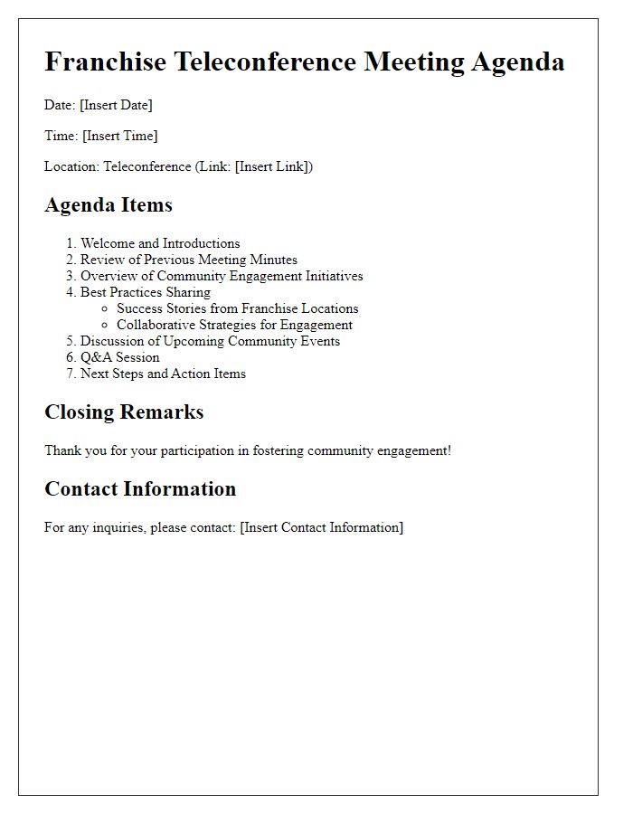 Letter template of franchise teleconference meeting agenda for community engagement initiatives.