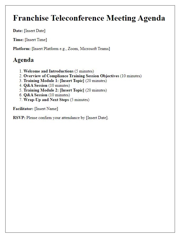 Letter template of franchise teleconference meeting agenda for compliance training session.