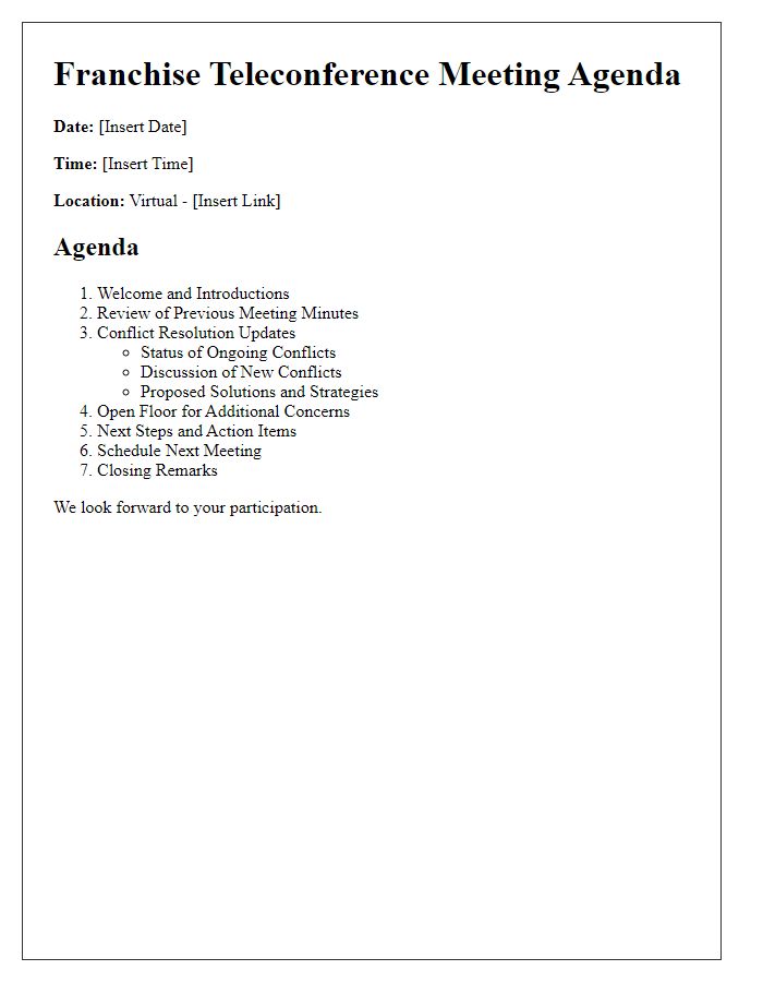 Letter template of franchise teleconference meeting agenda for conflict resolution updates.