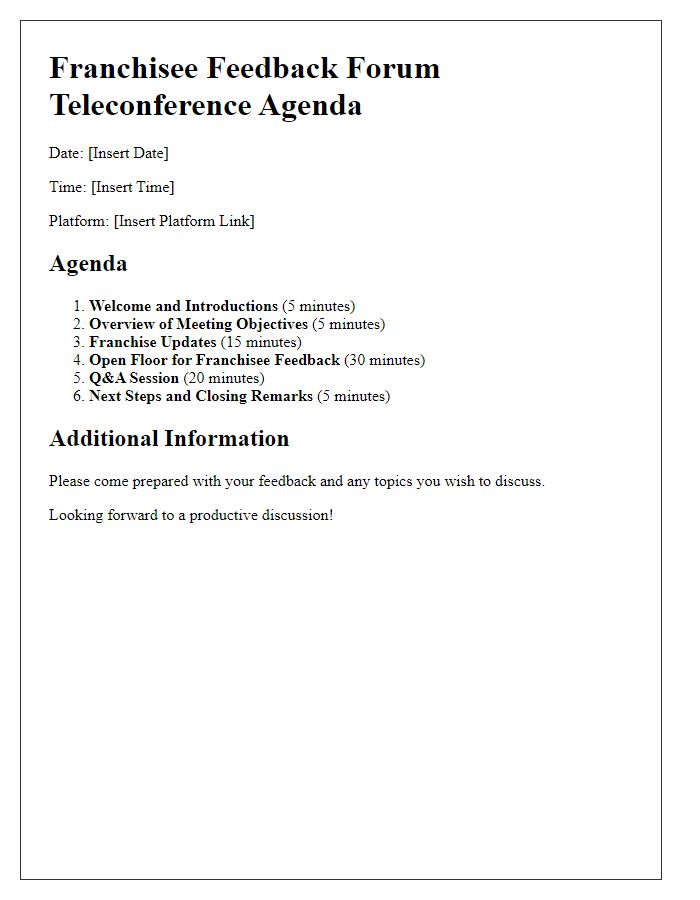 Letter template of franchise teleconference meeting agenda for franchisee feedback forum.