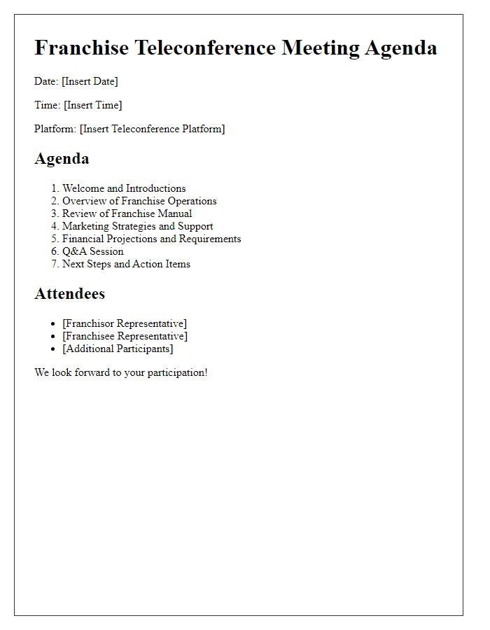 Letter template of franchise teleconference meeting agenda for initial orientation.