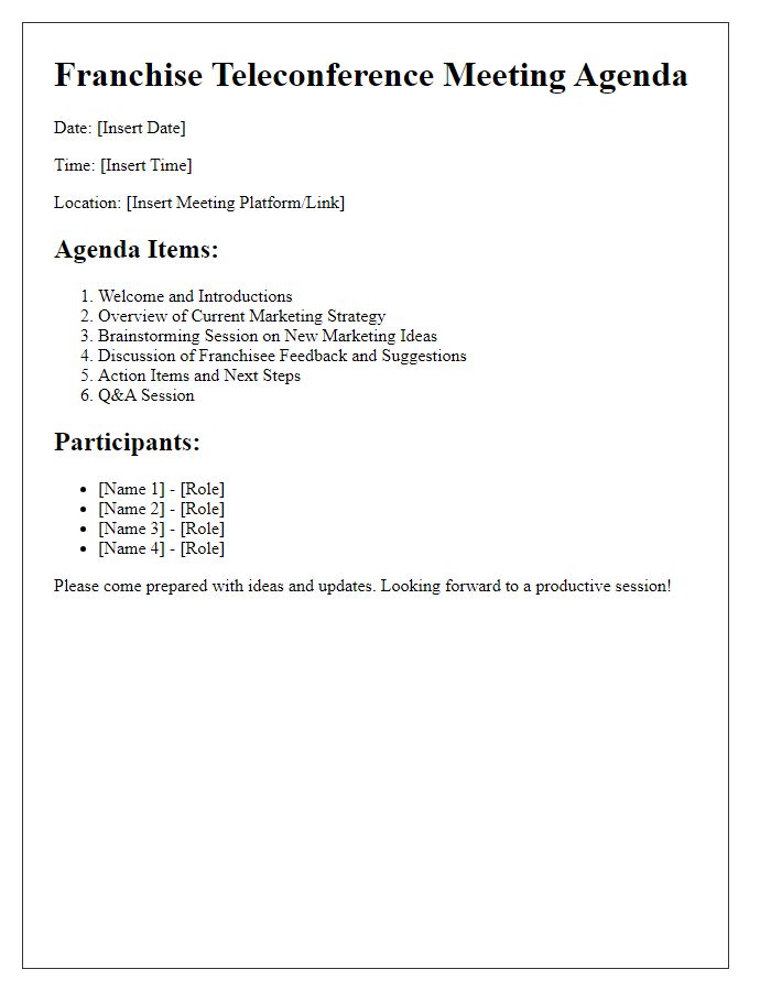 Letter template of franchise teleconference meeting agenda for marketing strategy brainstorming.