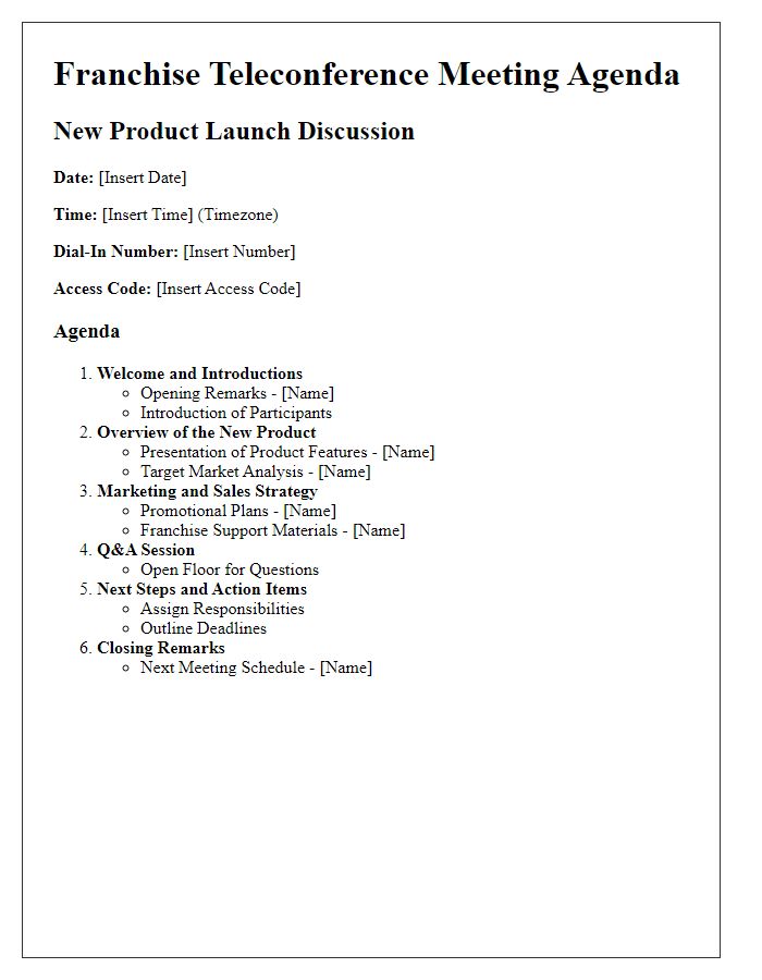 Letter template of franchise teleconference meeting agenda for new product launch discussion.