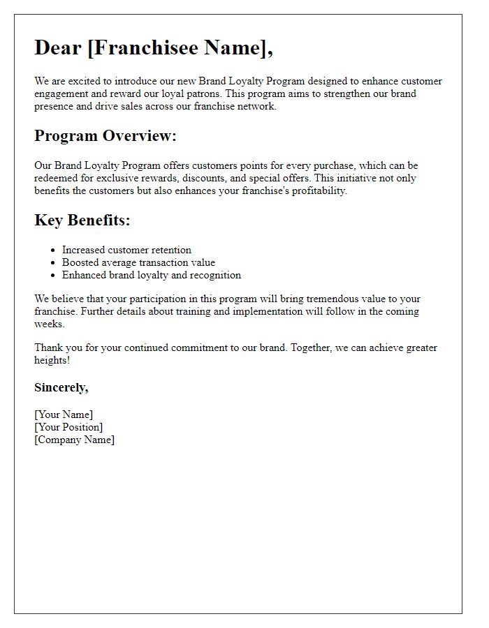 Letter template of franchisee brand loyalty program introduction