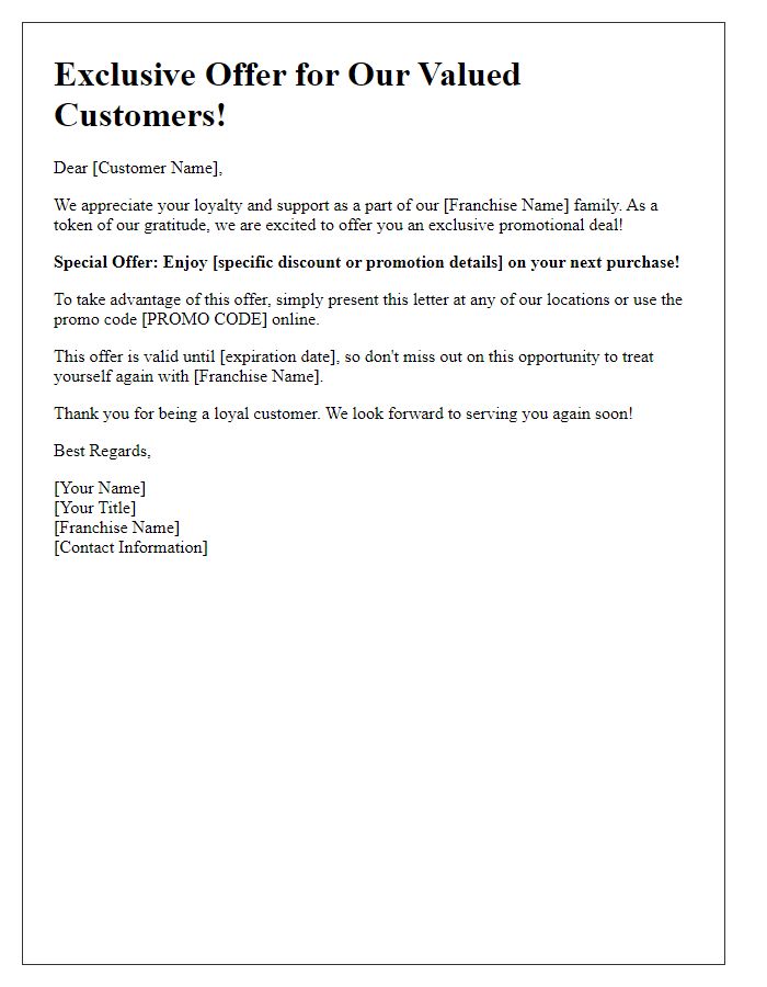 Letter template of franchisee promotional offer for repeat customers