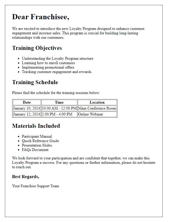 Letter template of franchisee training materials for loyalty program execution