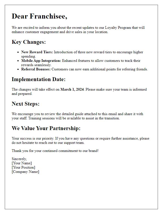 Letter template of franchisee updates on loyalty program changes