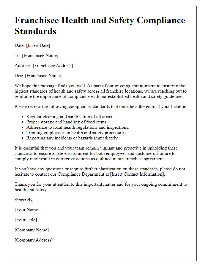 Letter template of franchisee health and safety compliance standards.