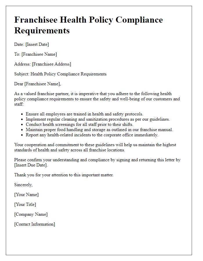 Letter template of franchisee health policy compliance requirements.