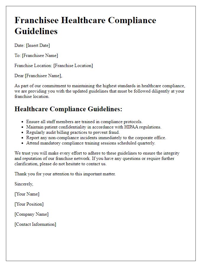 Letter template of franchisee healthcare compliance guidelines.