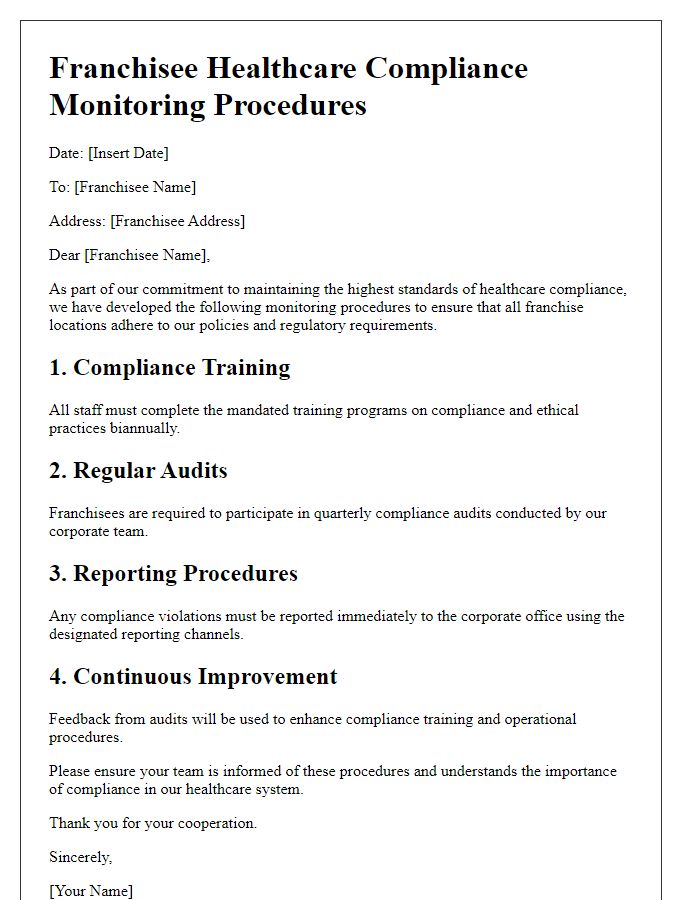 Letter template of franchisee healthcare compliance monitoring procedures.