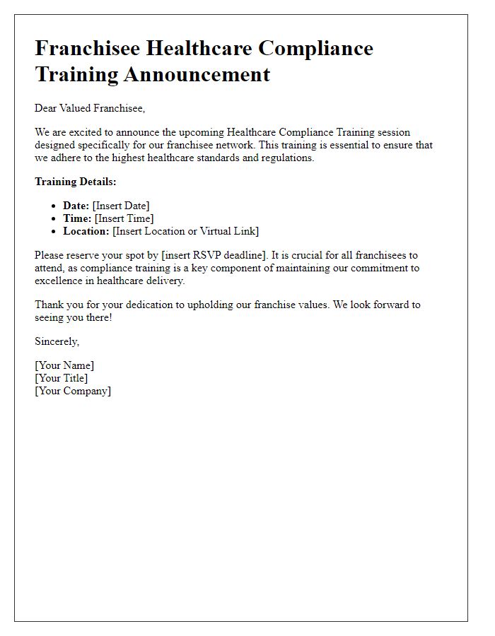 Letter template of franchisee healthcare compliance training announcement.