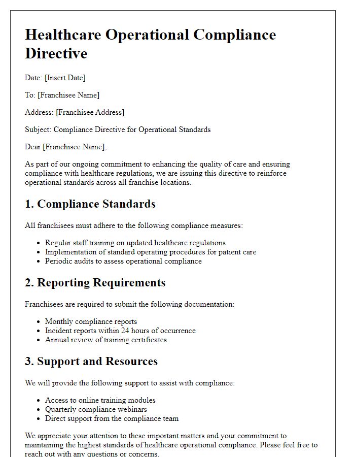 Letter template of franchisee healthcare operational compliance directive.