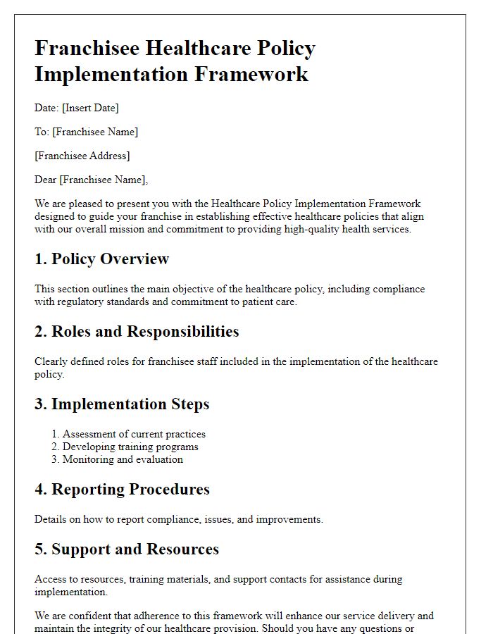 Letter template of franchisee healthcare policy implementation framework.