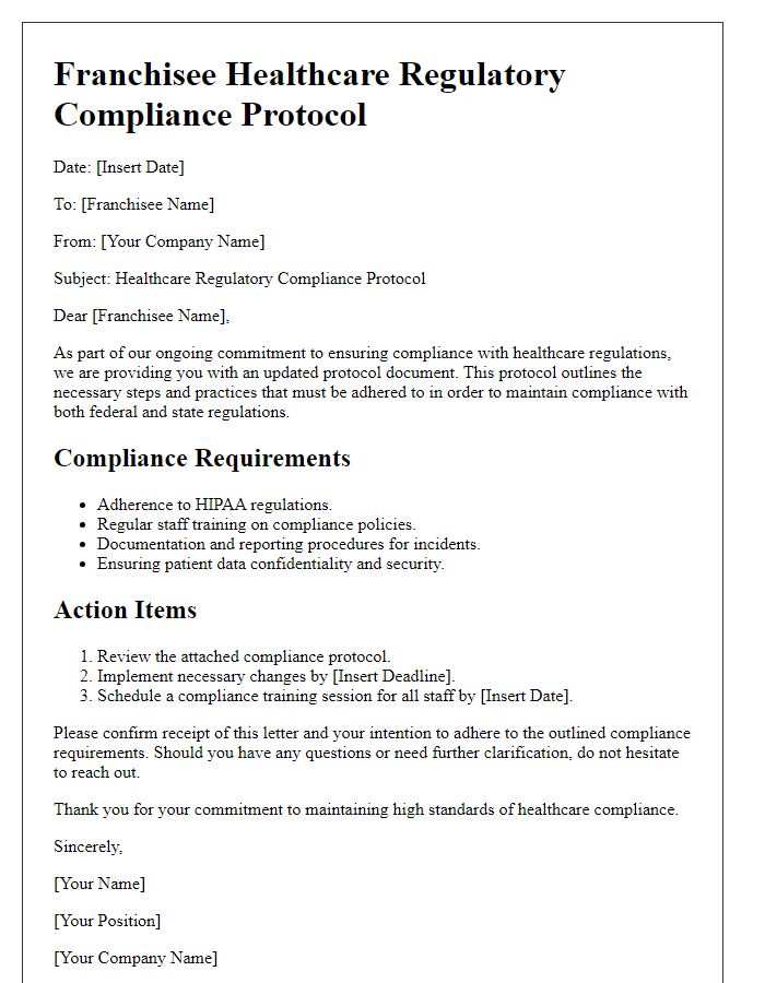 Letter template of franchisee healthcare regulatory compliance protocol.