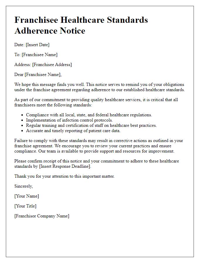 Letter template of franchisee healthcare standards adherence notice.