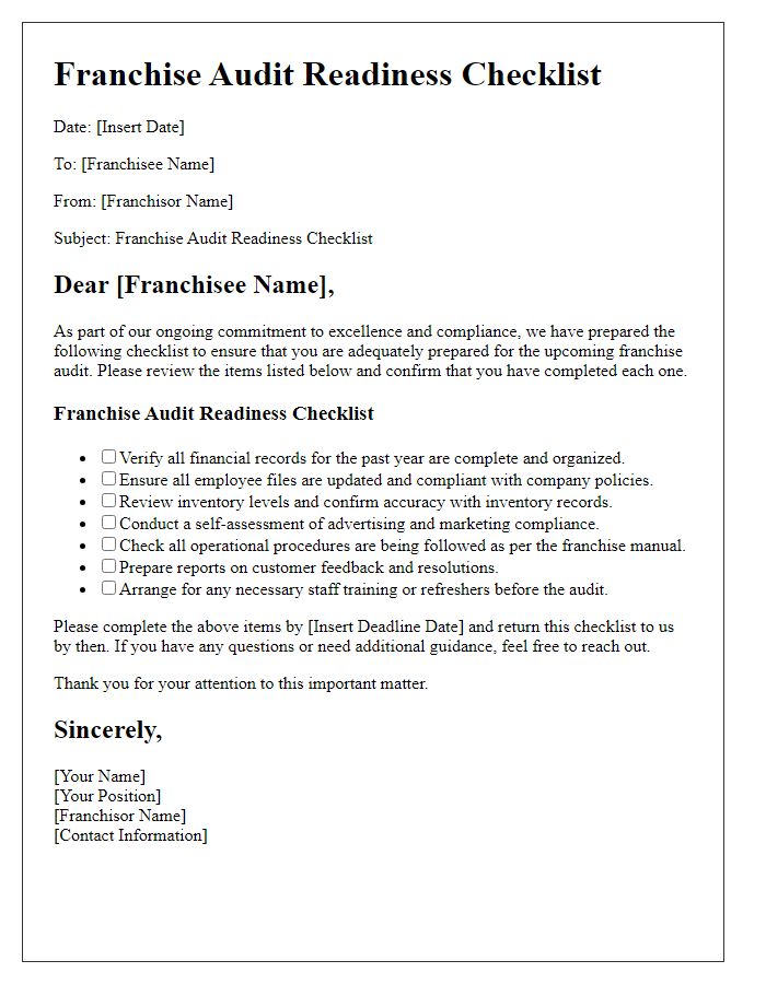 Letter template of franchise audit readiness checklist