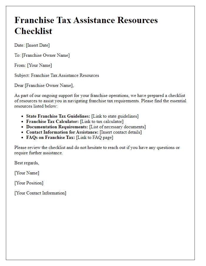 Letter template of franchise tax assistance resources checklist