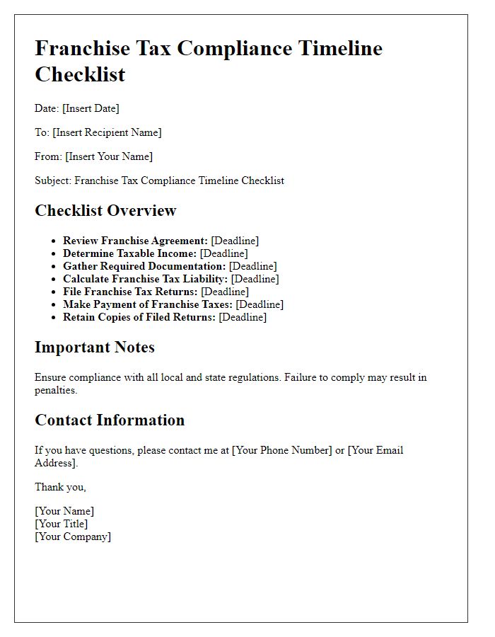 Letter template of franchise tax compliance timeline checklist