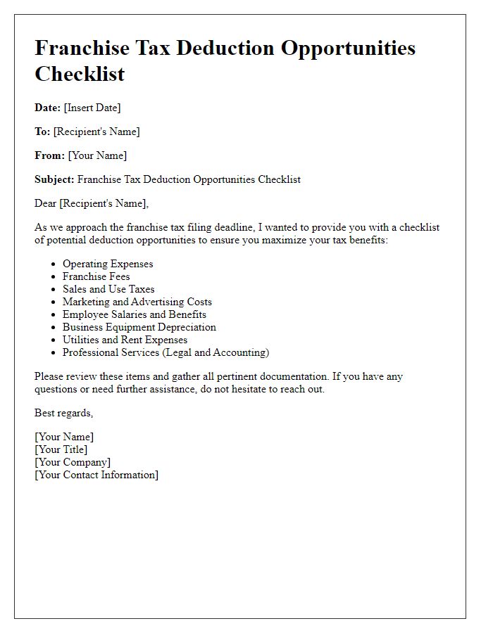 Letter template of franchise tax deduction opportunities checklist