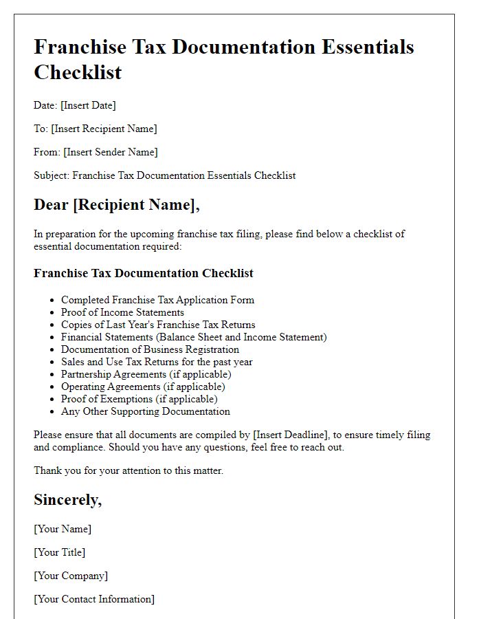 Letter template of franchise tax documentation essentials checklist