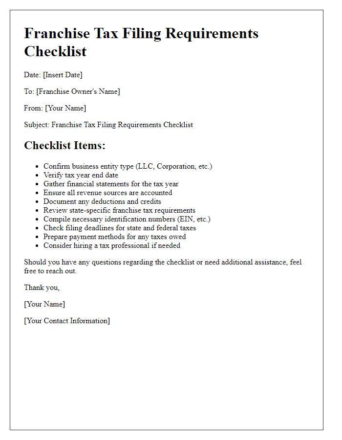 Letter template of franchise tax filing requirements checklist