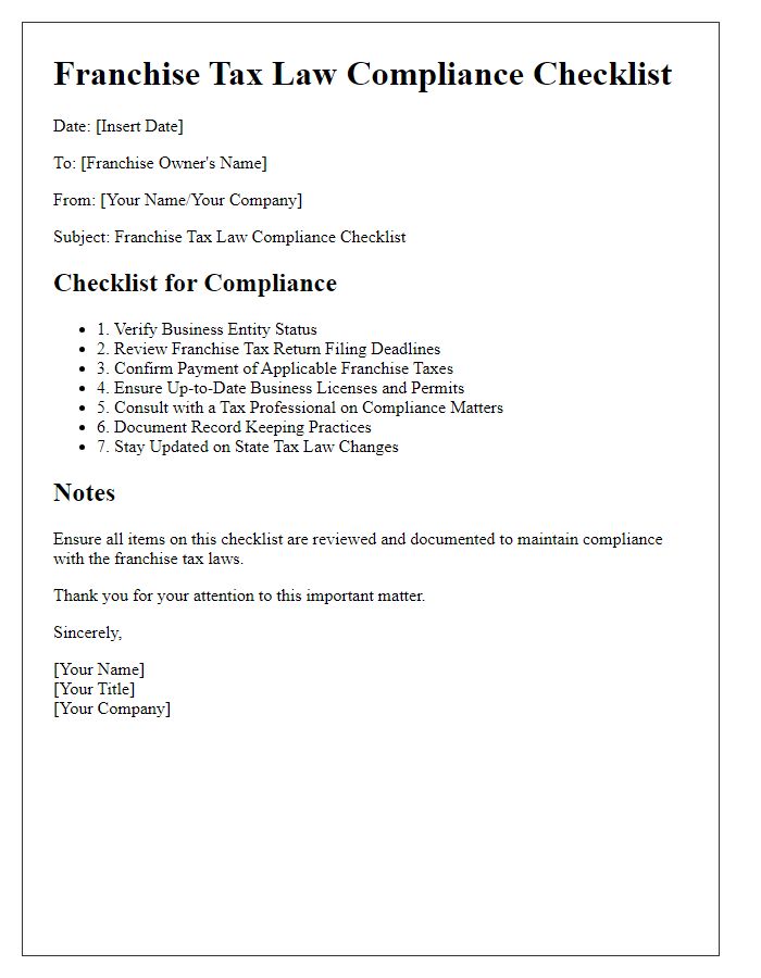 Letter template of franchise tax law compliance checklist