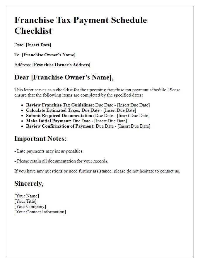 Letter template of franchise tax payment schedule checklist