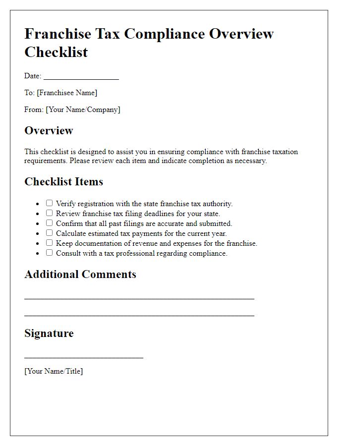 Letter template of franchise taxation compliance overview checklist