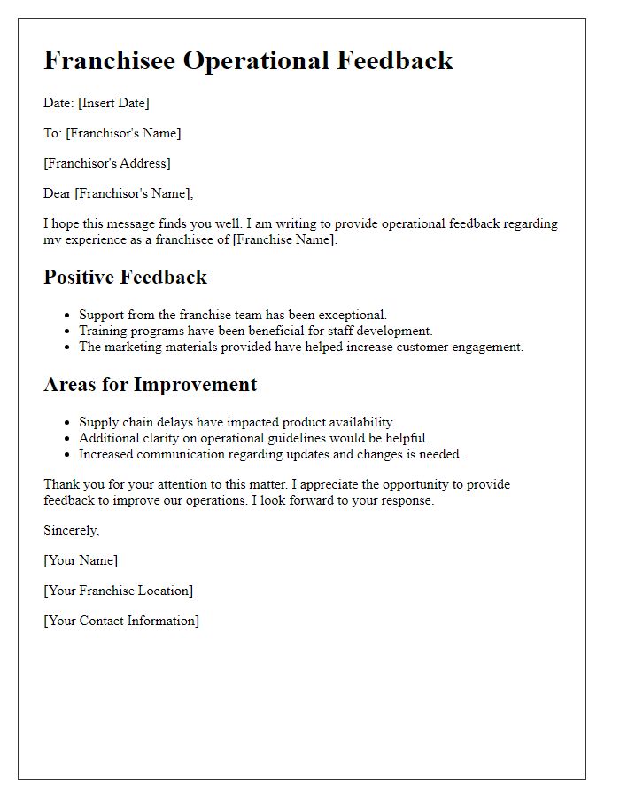 Letter template of franchisee operational feedback