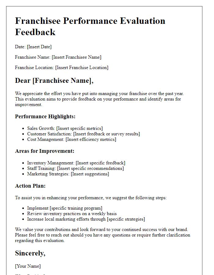 Letter template of franchisee performance evaluation feedback