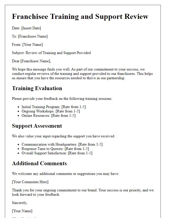 Letter template of franchisee training and support review