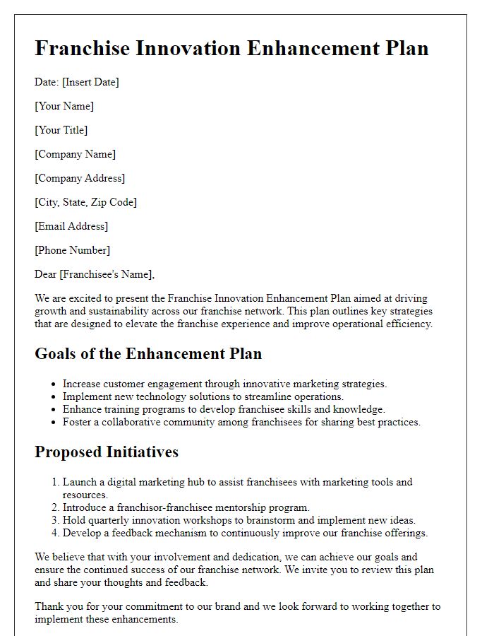 Letter template of franchise innovation enhancement plan.