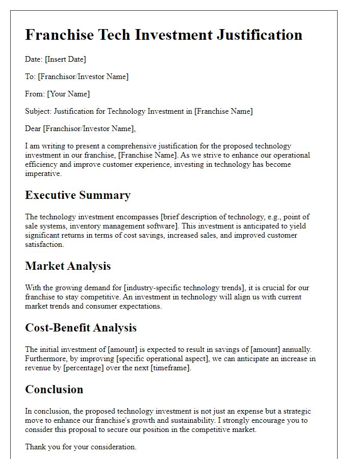 Letter template of franchise tech investment justification.