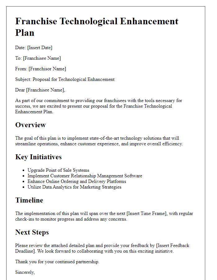 Letter template of franchise technological enhancement plan.