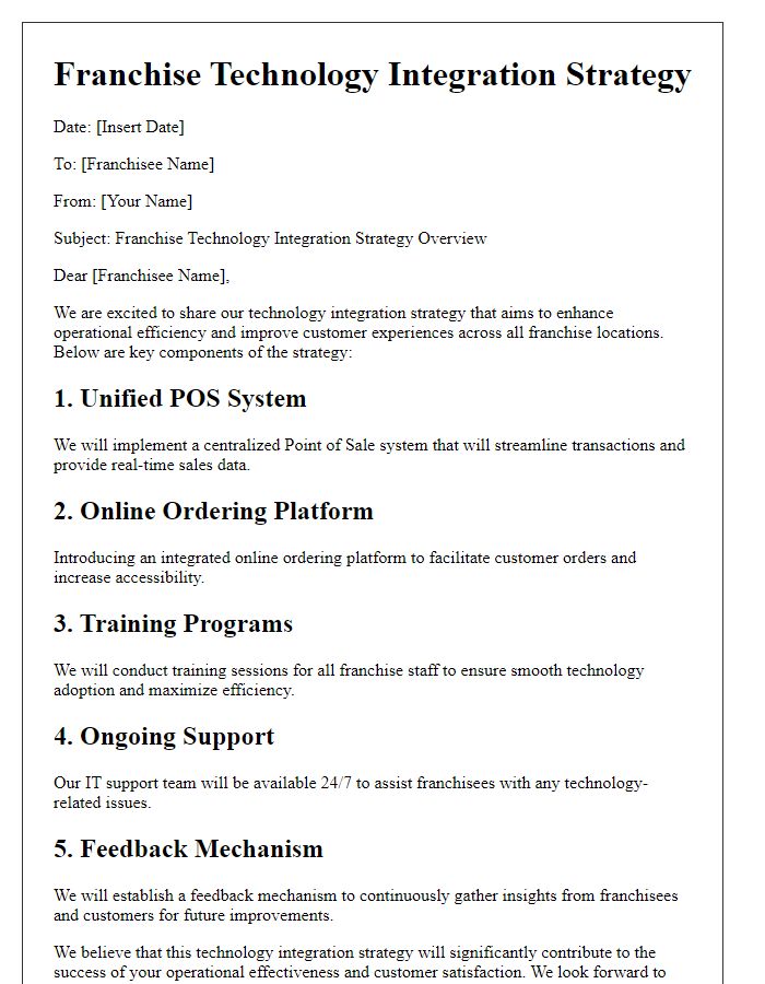 Letter template of franchise technology integration strategy.