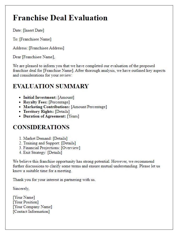 Letter template of Franchise Deal Evaluation