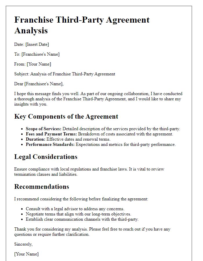 Letter template of Franchise Third-Party Agreement Analysis