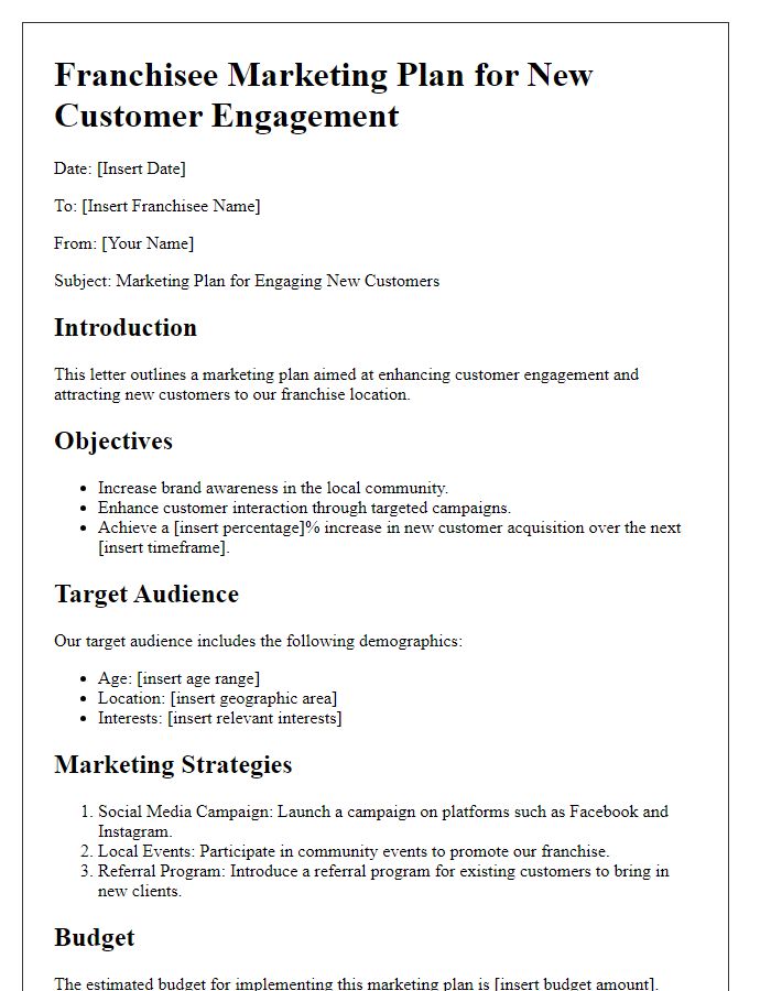 Letter template of franchisee marketing plan for new customer engagement