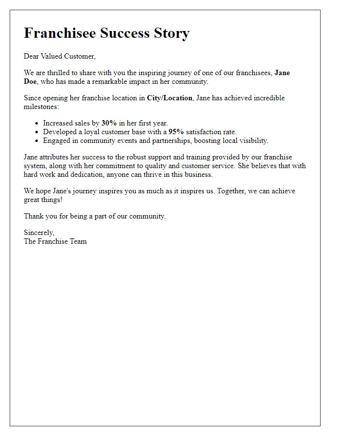 Letter template of franchisee success stories for inspiring customer trust