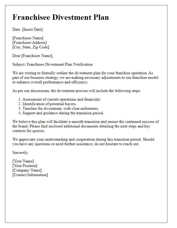 Letter template of franchisee divestment plan