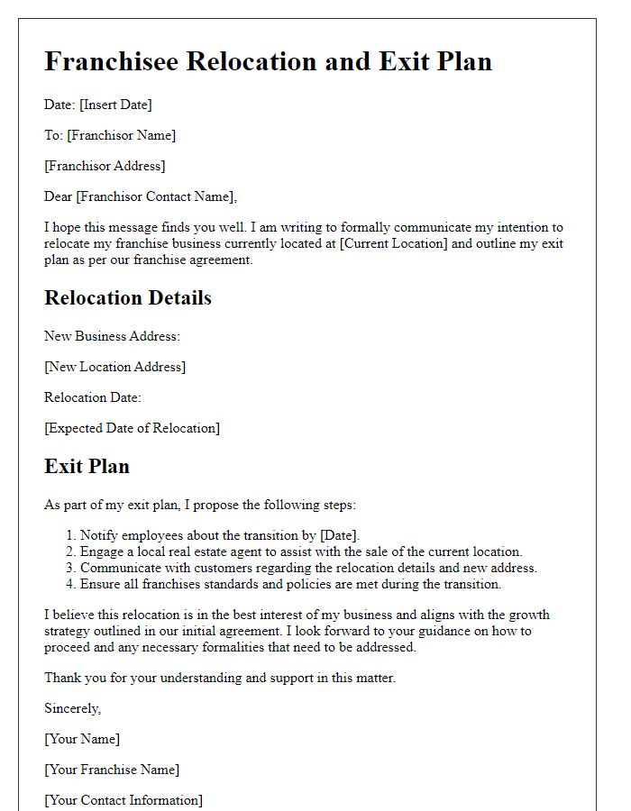 Letter template of franchisee relocation and exit plan