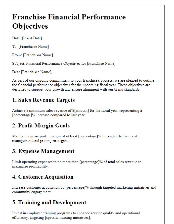 Letter template of franchise financial performance objectives