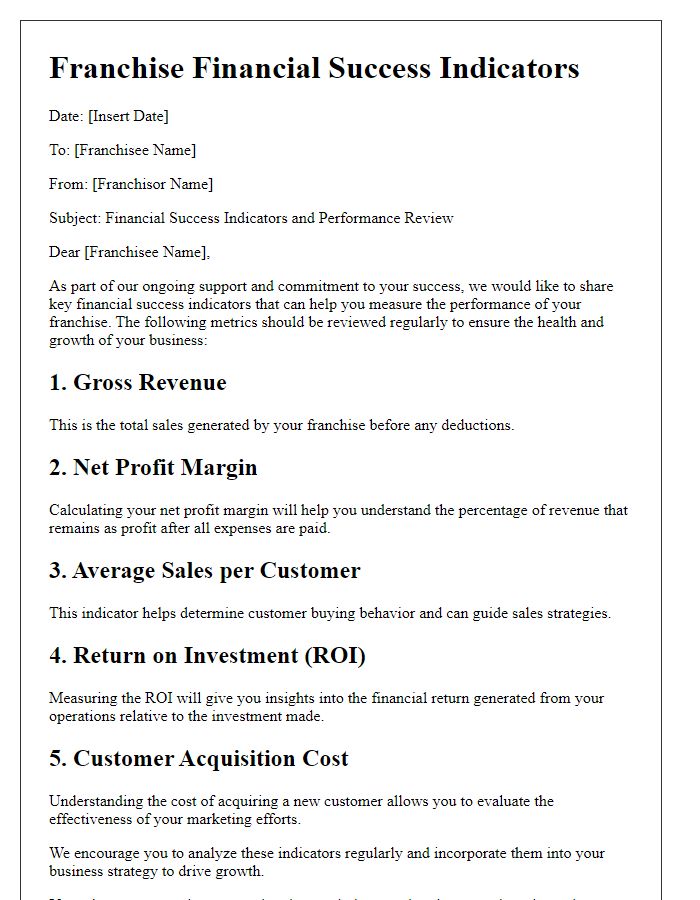 Letter template of franchise financial success indicators