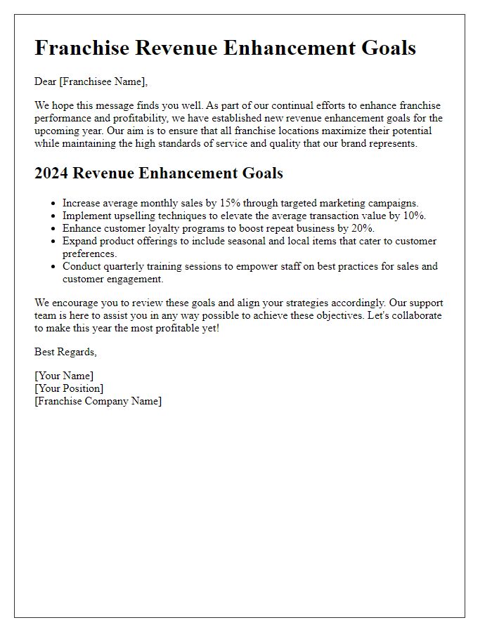 Letter template of franchise revenue enhancement goals