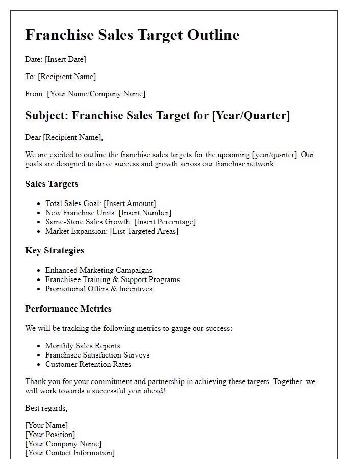 Letter template of franchise sales target outlines